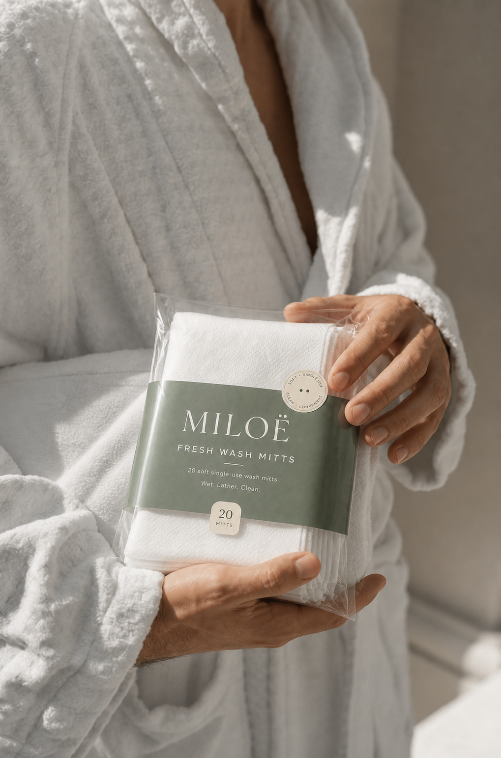 Gant de toilette MILOË posé sur une surface en pierre claire