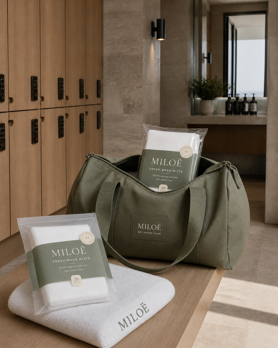 Sac de sport et pochette MILOË dans un vestiaire